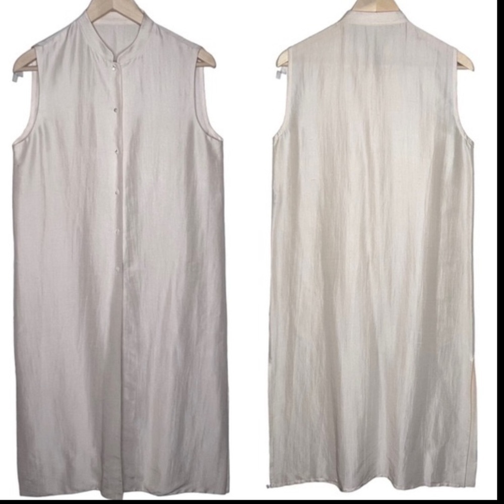 Eileen Fisher Silk Side Slit Sleeveless Full Button Midi Dress M Mandarin Collar